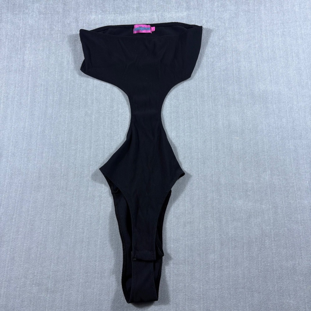 Edikted Bodysuit Womens S Black Ribbed‎ Cut Out Bandeau Strapless High Cut Leg
